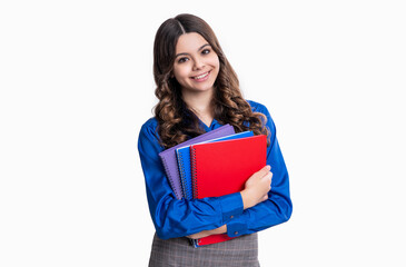 happy school student girl in studio. school student girl on background. photo of school student girl