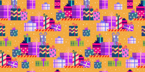 Christmas gift stack seamless pattern. Present box for holiday. Bright seamless pattern for present paper. Cartoon vector illustration. Christmas box.