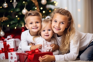 Fototapeta na wymiar happy children sitting by the Christmas tree in the living room smiling.