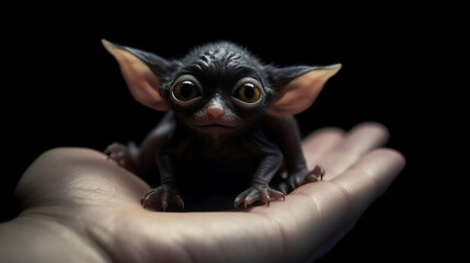 Fototapeta premium cute mogwai with big cute eyes sleeping in a human hand