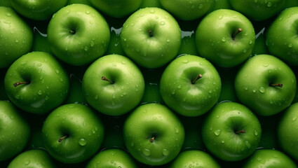 Top view of bright ripe fragrant green apples with water drops