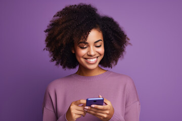 woman with phone on purple background .