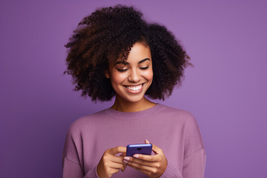 woman with phone on purple background . - Powered by Adobe