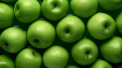 Obraz premium Top view of bright ripe fragrant green apples with water drops