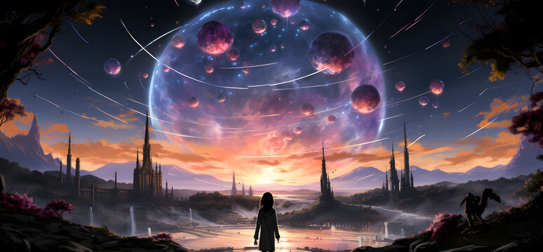 A Man Stands Under An Overworld With Planets