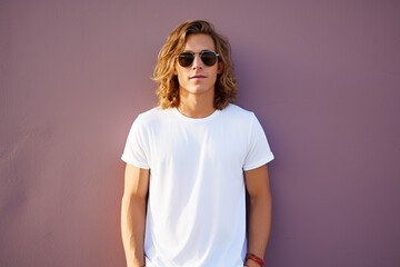 Naklejka premium design mockup: young man with blond long hair with sun glasses wearing blank white t-shirt on a neutral background, studio shot