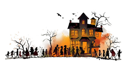 Trick-or-treaters approaching a haunted house, filled with anticipation, Halloween trick-or-treaters, Halloween night, haunted mansion visit, excited kids