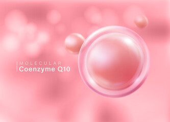 Coenzyme Q10 molecule floating in front of isolated pink background. Antioxidant properties, can build immunity and delay aging. Advertisement of food supplements, cosmetics, multivitamins.