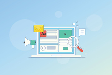 Content optimization for search engine. Content promotion through email marketing, Social media content development. Vector illustration background.