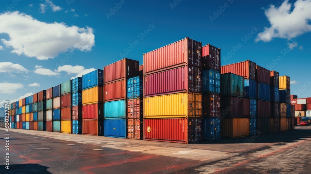 Wall mural Colorful containers at the pier for ads and background Container stack Import and export concept