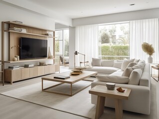 White modern living room with television and decoration. Generative AI
