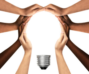 Symbols and shapes of light bulbs created by hand. People thinking together and team ideas coming together joining hands. Symbols and shapes of light bulbs created by hand on transparent background.
