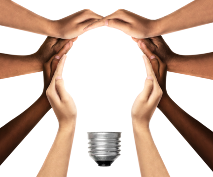 Symbols and shapes of light bulbs created by hand. People thinking together and team ideas coming together joining hands. Symbols and shapes of light bulbs created by hand on transparent background. - Powered by Adobe