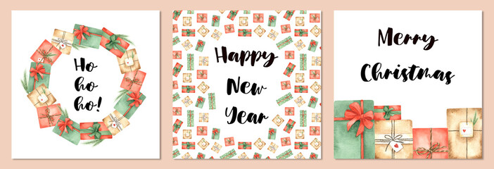 Obraz premium Set of Christmas cards, invitations in colorful gift boxes. Holiday presents. Preparation for the celebration of Christmas and New Year.