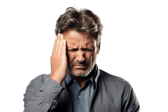 Adult Man with Migraine Headache, Holding His Head in Pain. Isolated on Transparent Background. AI