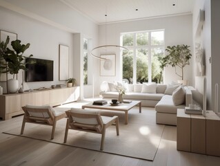 White modern living room with television and decoration. Generative AI