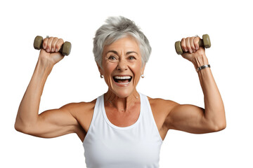 Fototapeta na wymiar Senior Woman Exercising with Dumbbell in Gym on Transparent Background. AI