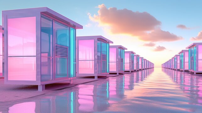 Generative AI, Miami beach huts, Summer Vibes retro illustration. Vintage pink and blue colors, buildings, California palms, 80s style	
