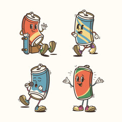 Set of Traditional Soda Can Cartoon Illustration with Varied Poses and Expressions