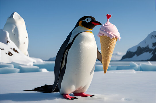 Penguin eating ice cream