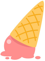 Cute Melting Strawberry Ice Cream Cone Drop on the Ground Floor Vector Cartoon Illustration