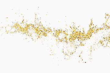 Texture golden glitter, white background. Golden particles. Glitter confetti explosion