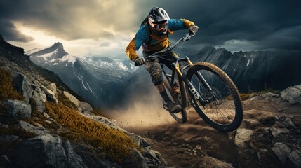 Fototapeta na wymiar mountain biker, cyclist in the mountains. Generative Ai 