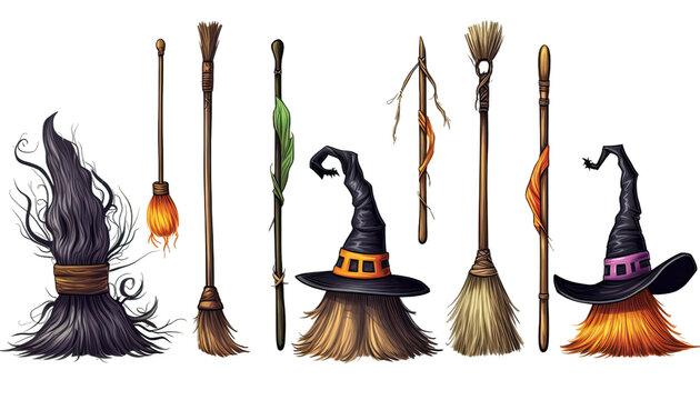 Witch's hat on a broomstick against the moon, a classic witch symbol, Halloween witch's hat, magical broomstick, flying sorceress, witchy moonlight