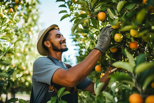 Happy Polynesian Worker Man Harvesting Apples In An Orchard