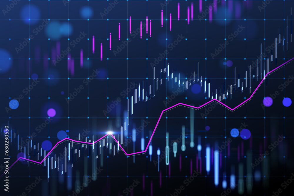 Poster glowing candlestick forex chart on blurry bokeh backdrop. technology, trade and financial data conce