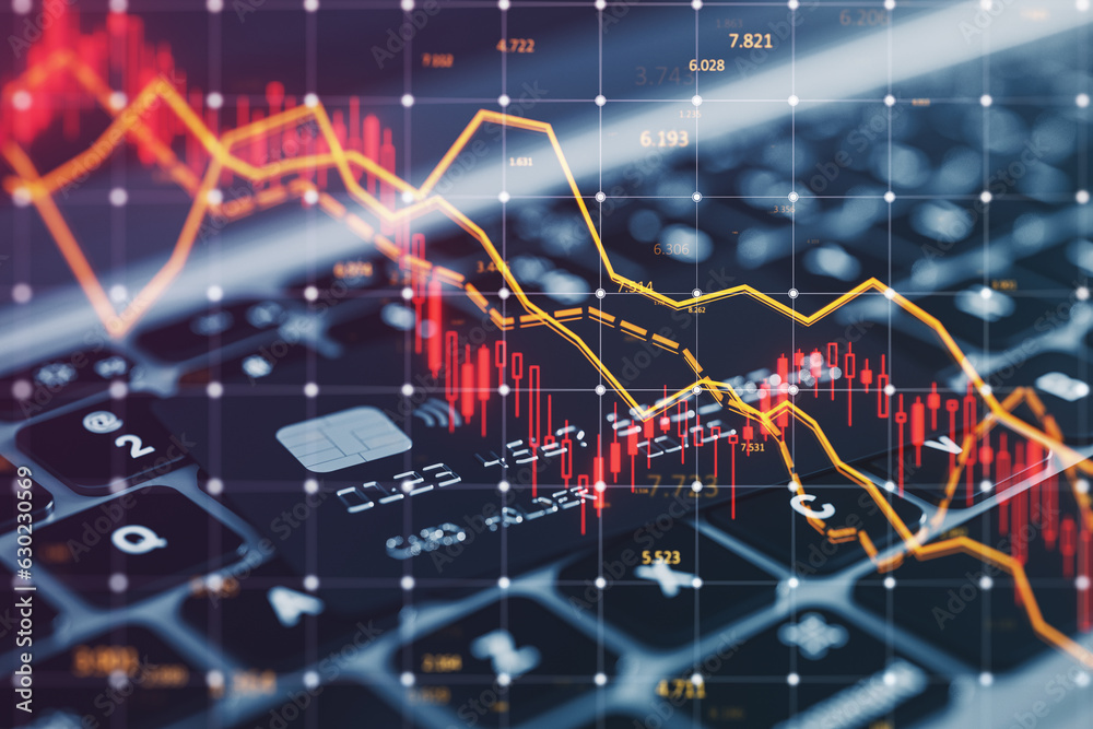Poster Close up of laptop keyboard and bank card with falling forex chart index on blurry backdrop. Crisis and declining trade concept. Double exposure.