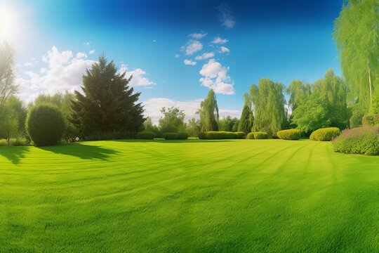 Beautiful wide format image of a manicured country lawn surrounded by trees and shrubs on a bright summer day. Spring summer nature, Generative AI