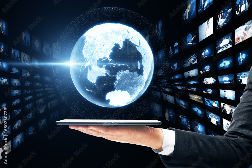 Poster close up of businessman hands holding tablet with creative glowing polygonal globe with rows of imag
