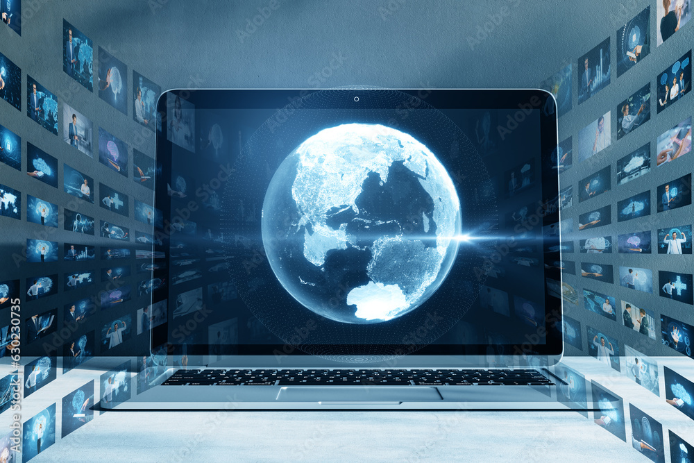 Poster close up of laptop monitor with creative glowing polygonal globe with rows of images on blurry backg