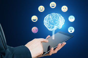 Emotional intelligence concept. Polygonal human brain and various human emotions: surprise, joy,...