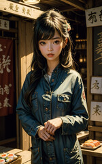 Fototapeta premium Beautiful asian girl works in japanese street kitchen. Beautiful asian girl making street food in japan.
