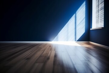 Blue empty wall and wooden floor with interesting light glare. Interior background  for the presentation, Generative AI