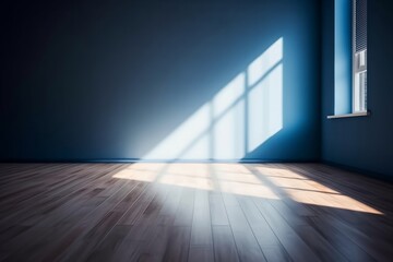 Blue empty wall and wooden floor with interesting light glare. Interior background  for the presentation, Generative AI
