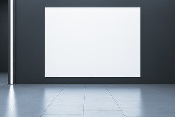 Obraz premium Modern dark geometric interior with mock up place on big white banner and reflections on floor. Exhibition, gallery and layout concept. 3D Rendering.