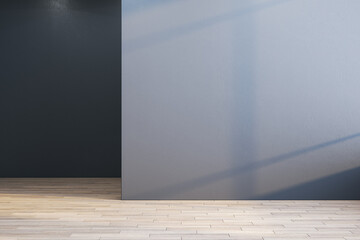Obraz premium Contemporary dark concrete geometric interior with mock up place on walls and wooden flooring. Exhibition, gallery and layout concept. 3D Rendering.