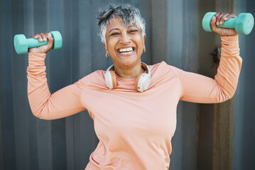 Plakat Fitness, health and portrait with old woman and dumbbell for strong, workout and sports, Weightlifting, muscle and training with senior person and weights for gym workout, exercise or wellness mockup
