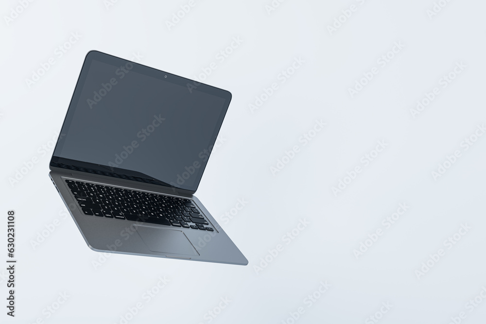Poster Clean laptop screen on light background. Technology, mock up place and webinar advertisement concept. 3D Rendering.