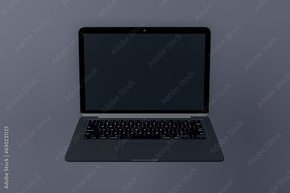 Poster Empty laptop computer monitor on light gray background. Technology, mock up place and webinar advertisement concept. 3D Rendering.