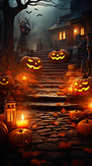 Cute halloween pumpkins, witch, moon, graveyard