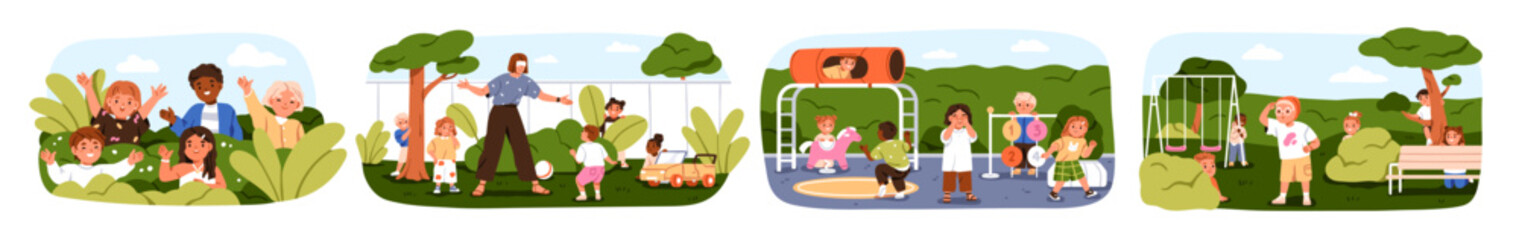 Children play hide and seek outdoors, funny kids game. Happy preschool boys and girls, fun leisure in nature, park, kindergarten playground. Flat vector illustrations set isolated on white background