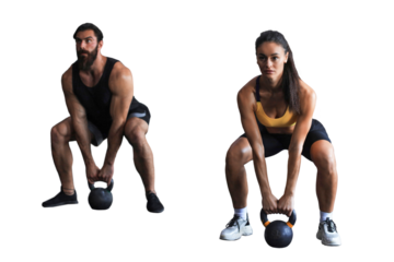 Fit and muscular couple focused on lifting a dumbbell during an exercise class on a transparent background