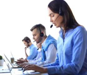 Smiling male call-center operator with headphones sitting on a transparent background, consulting online.