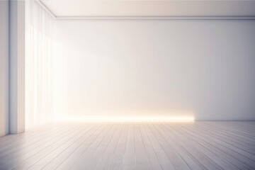 Empty light interior background. White textured empty wall and wooden light floor with beautiful lighting. AI generated, Generative AI