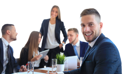 Happy smart business man with team mates discussing on a transparent background