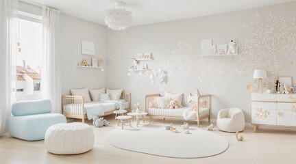 Naklejka na ściany i meble minimalist kids room with beige wall interior